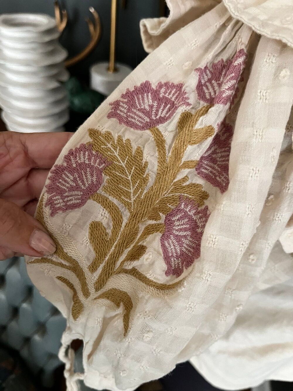 Anthropologie Embroidered Ruffled Shirt w ties Cottagecore sz L Cotton Festival - Picture 2 of 5
